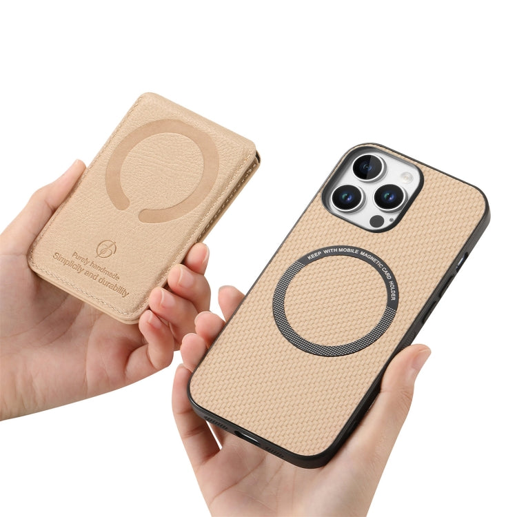 For iPhone 16 Pro Carbon Fiber MagSafe Vertical Flip Card Bag Phone Case(Khaki) - iPhone 16 Pro Cases by buy2fix | Online Shopping UK | buy2fix