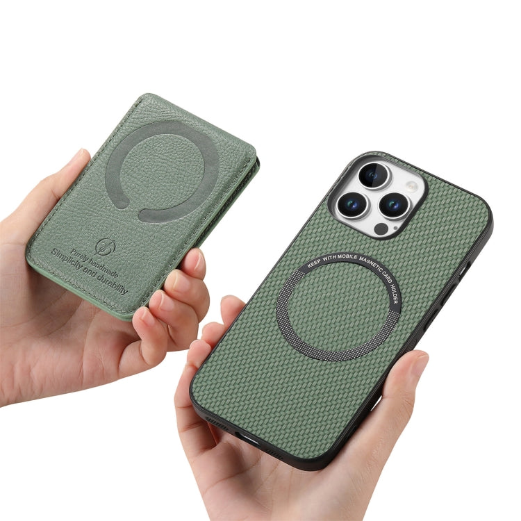 For iPhone 16 Pro Carbon Fiber MagSafe Vertical Flip Card Bag Phone Case(Green) - iPhone 16 Pro Cases by buy2fix | Online Shopping UK | buy2fix
