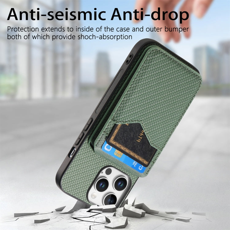 For iPhone 16 Pro Carbon Fiber MagSafe Vertical Flip Card Bag Phone Case(Green) - iPhone 16 Pro Cases by buy2fix | Online Shopping UK | buy2fix