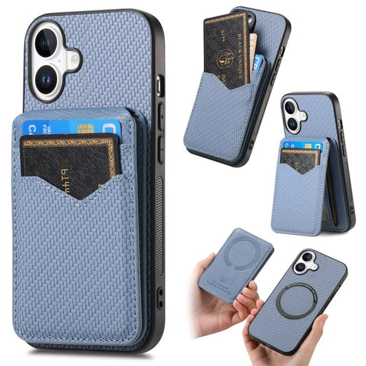 For iPhone 17 Carbon Fiber MagSafe Vertical Flip Card Bag Phone Case(Blue) - iPhone 17 Cases by buy2fix | Online Shopping UK | buy2fix