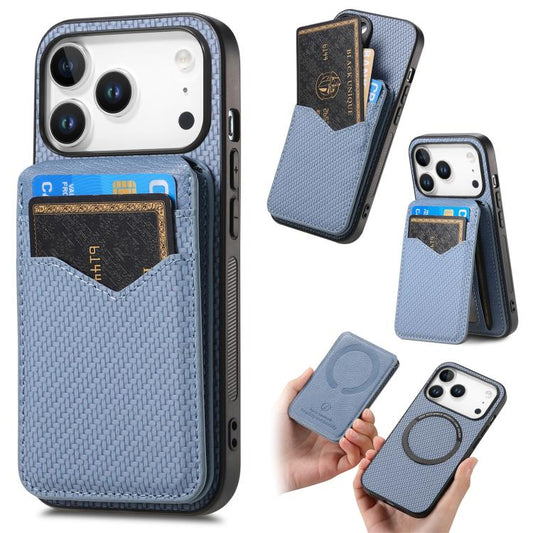 For iPhone 17 Pro Max Carbon Fiber MagSafe Vertical Flip Card Bag Phone Case(Blue) - iPhone 17 Pro Max Cases by buy2fix | Online Shopping UK | buy2fix