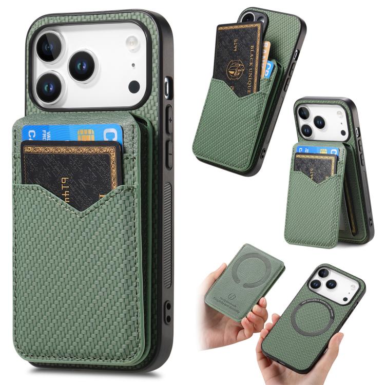 For iPhone 17 Pro Max Carbon Fiber MagSafe Vertical Flip Card Bag Phone Case(Green) - iPhone 17 Pro Max Cases by buy2fix | Online Shopping UK | buy2fix