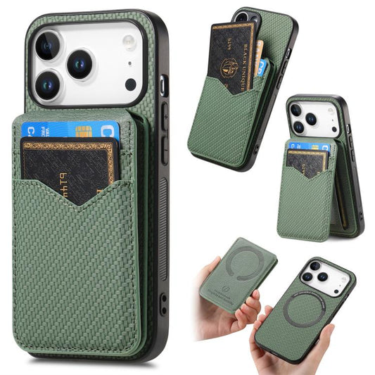 For iPhone 17 Pro Max Carbon Fiber MagSafe Vertical Flip Card Bag Phone Case(Green) - iPhone 17 Pro Max Cases by buy2fix | Online Shopping UK | buy2fix