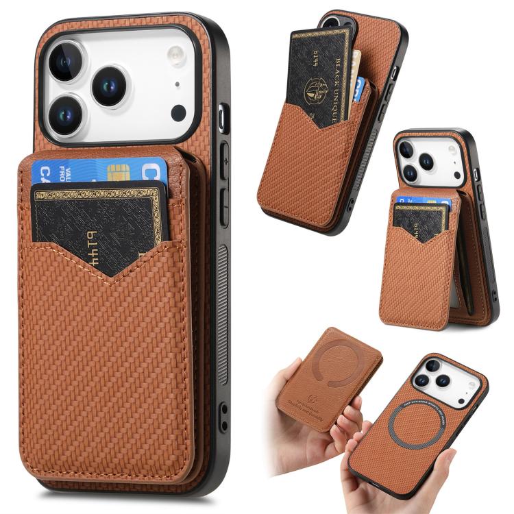 For iPhone 17 Pro Max Carbon Fiber MagSafe Vertical Flip Card Bag Phone Case(Brown) - iPhone 17 Pro Max Cases by buy2fix | Online Shopping UK | buy2fix