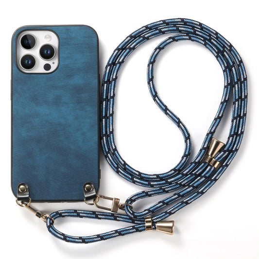 For iPhone 16 Pro Vintage Leather PC Back Cover Phone Case with Crossbody Strap(Blue) by buy2fix