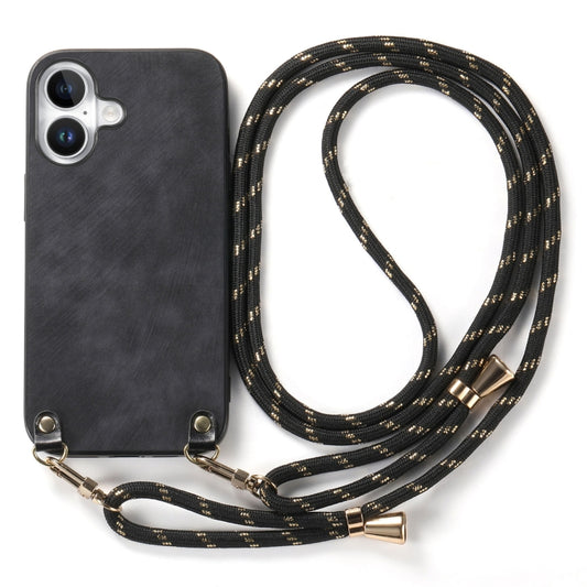 For iPhone 16 Plus Vintage Leather PC Back Cover Phone Case with Crossbody Strap(Black) by buy2fix