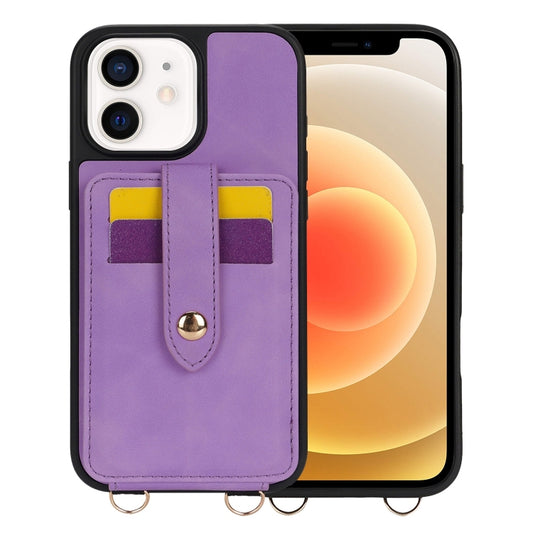 For iPhone 12 Crossbody Skin Card Bag Lanyard Phone Case(Purple) - iPhone 12 / 12 Pro Cases by buy2fix | Online Shopping UK | buy2fix