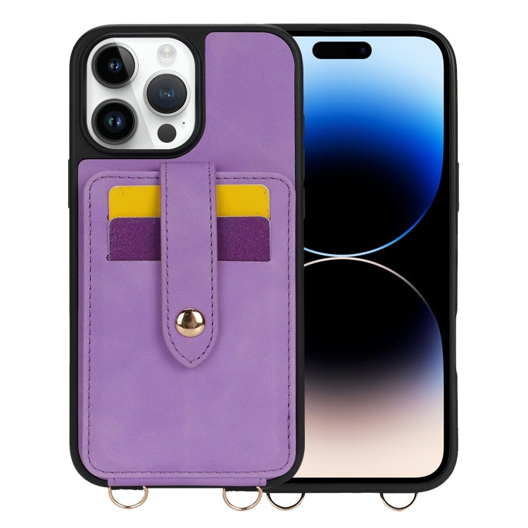 For iPhone 14 Pro Max Crossbody Skin Card Bag Lanyard Phone Case(Purple) - iPhone 14 Pro Max Cases by buy2fix | Online Shopping UK | buy2fix