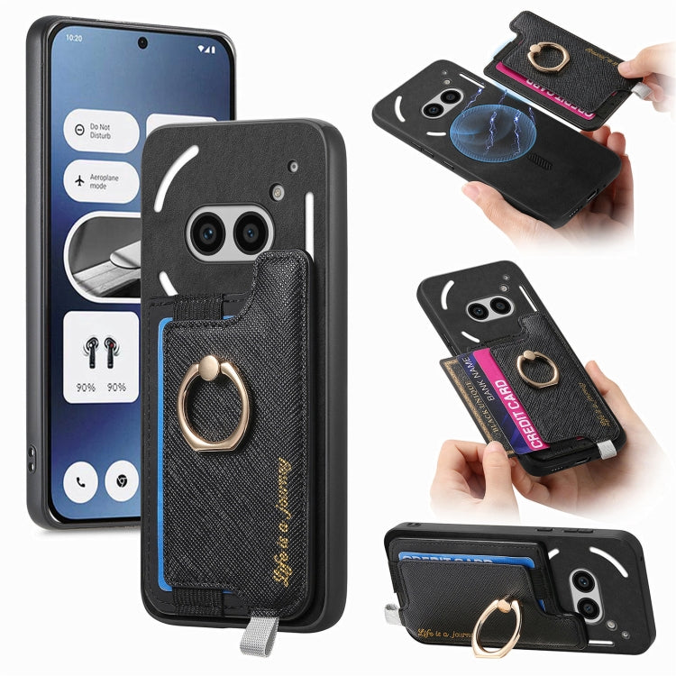 For Nothing CMF Phone 1 Retro Magsafe Cross Leather Ring Holder Card Bag Phone Case(Black) - Nothing Cases by buy2fix | Online Shopping UK | buy2fix