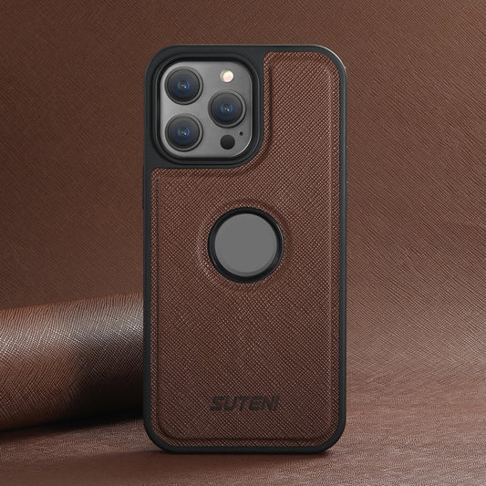 For iPhone 14 Plus Suteni G1 Cross Texture MagSafe Phone Case(Brown) - iPhone 14 Plus Cases by Suteni | Online Shopping UK | buy2fix