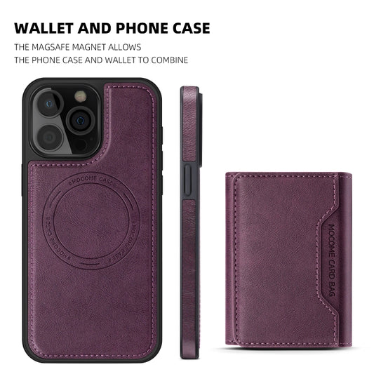 For iPhone 15 Shield Multi-functional MagSafe Card Bag Phone Case(Purple) - iPhone 15 Cases by buy2fix | Online Shopping UK | buy2fix