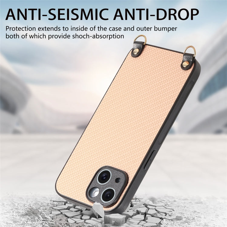 For iPhone 16 Pro Carbon Fiber Texture Leather Back Phone Case with Crossbody Strap(Khaki) - iPhone 16 Pro Cases by buy2fix | Online Shopping UK | buy2fix
