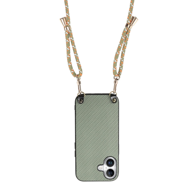 For iPhone 16 Plus Carbon Fiber Texture Leather Back Phone Case with Crossbody Strap(Green) - iPhone 16 Plus Cases by buy2fix | Online Shopping UK | buy2fix