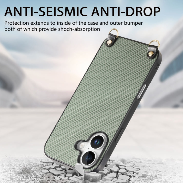 For iPhone 16 Plus Carbon Fiber Texture Leather Back Phone Case with Crossbody Strap(Green) - iPhone 16 Plus Cases by buy2fix | Online Shopping UK | buy2fix