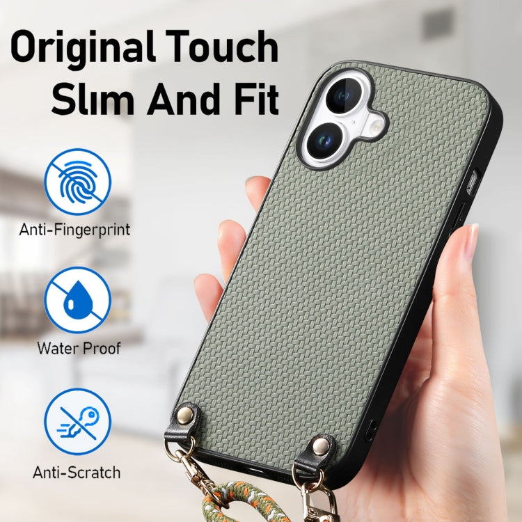 For iPhone 16 Plus Carbon Fiber Texture Leather Back Phone Case with Crossbody Strap(Green) - iPhone 16 Plus Cases by buy2fix | Online Shopping UK | buy2fix