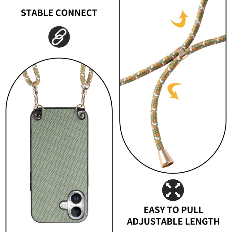 For iPhone 16 Plus Carbon Fiber Texture Leather Back Phone Case with Crossbody Strap(Green) - iPhone 16 Plus Cases by buy2fix | Online Shopping UK | buy2fix