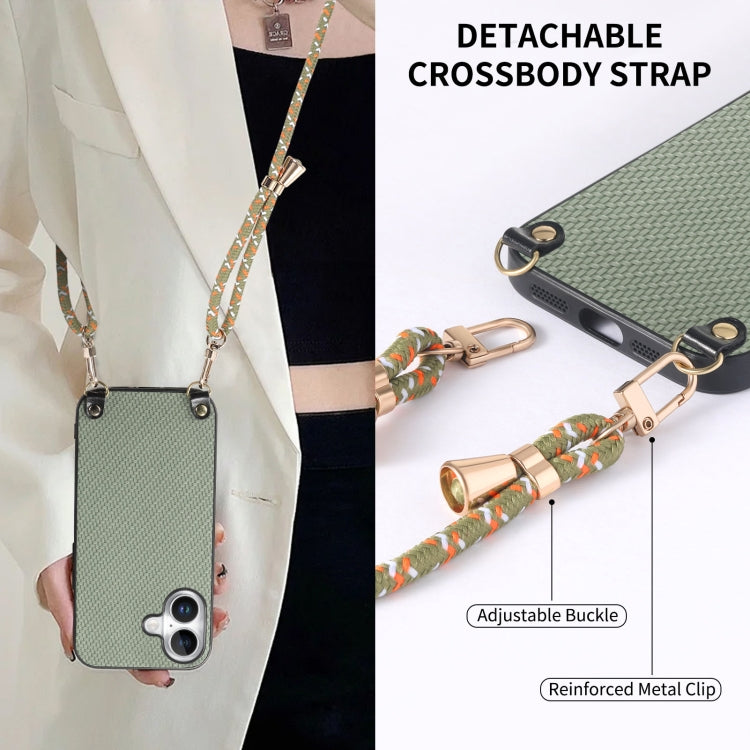 For iPhone 16 Plus Carbon Fiber Texture Leather Back Phone Case with Crossbody Strap(Green) - iPhone 16 Plus Cases by buy2fix | Online Shopping UK | buy2fix