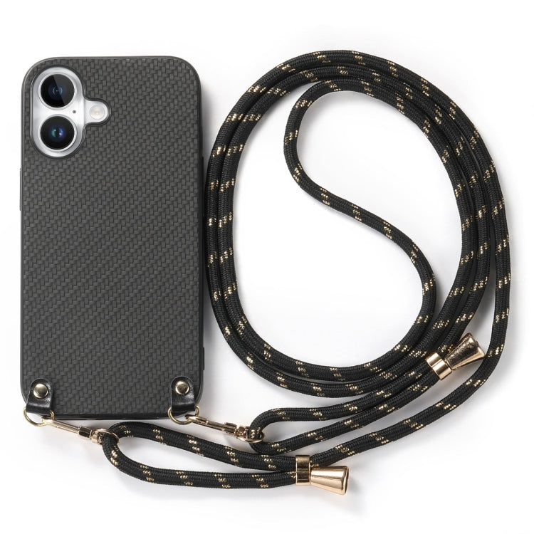 For iPhone 16 Plus Carbon Fiber Texture Leather Back Phone Case with Crossbody Strap(Black) - iPhone 16 Plus Cases by buy2fix | Online Shopping UK | buy2fix