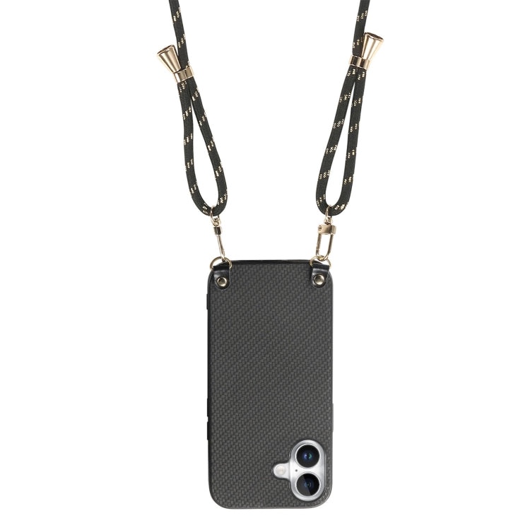 For iPhone 16 Plus Carbon Fiber Texture Leather Back Phone Case with Crossbody Strap(Black) - iPhone 16 Plus Cases by buy2fix | Online Shopping UK | buy2fix