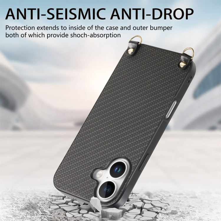 For iPhone 16 Plus Carbon Fiber Texture Leather Back Phone Case with Crossbody Strap(Black) - iPhone 16 Plus Cases by buy2fix | Online Shopping UK | buy2fix
