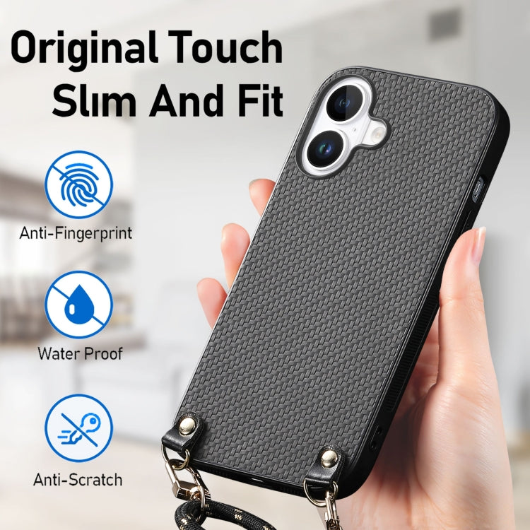 For iPhone 16 Plus Carbon Fiber Texture Leather Back Phone Case with Crossbody Strap(Black) - iPhone 16 Plus Cases by buy2fix | Online Shopping UK | buy2fix