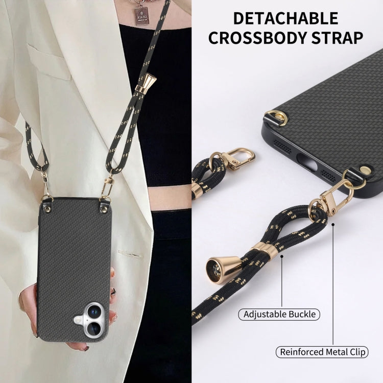 For iPhone 16 Plus Carbon Fiber Texture Leather Back Phone Case with Crossbody Strap(Black) - iPhone 16 Plus Cases by buy2fix | Online Shopping UK | buy2fix