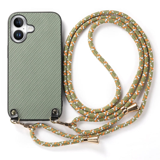 For iPhone 16 Carbon Fiber Texture Leather Back Phone Case with Crossbody Strap(Green) by buy2fix