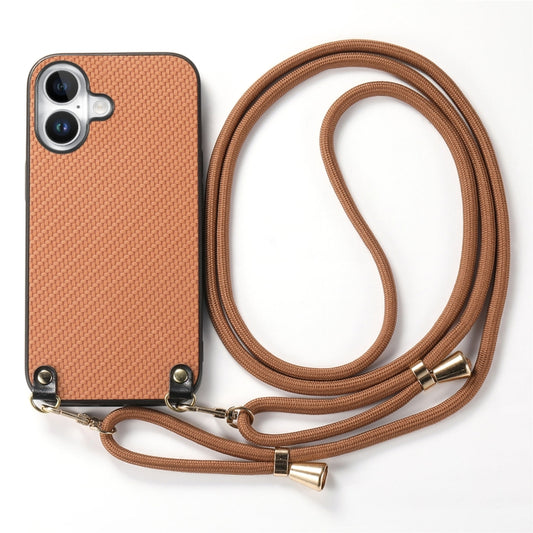 For iPhone 16 Carbon Fiber Texture Leather Back Phone Case with Crossbody Strap(Brown) by buy2fix