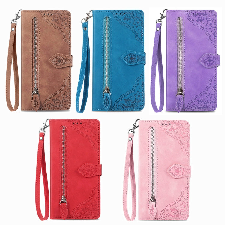 For Samsung Galaxy S25 5G Embossed Flower Zipper Leather Phone Case(Red) by buy2fix