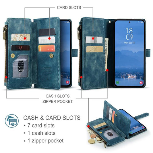 For Samsung Galaxy S25 5G CaseMe C30 Card Slots Zipper Wallet Leather Phone Case(Blue) by CaseMe