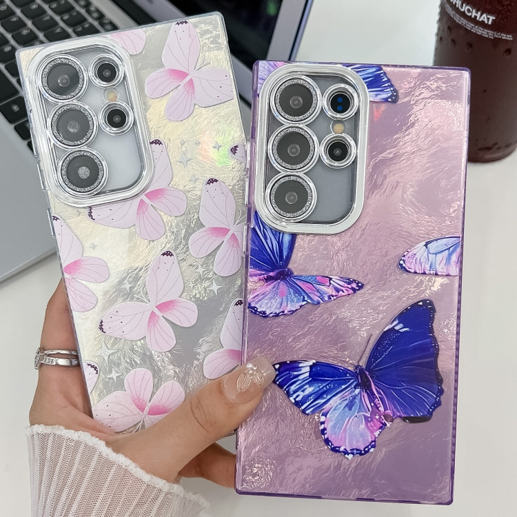 For Samsung Galaxy S25+ 5G Plating Texture Butterfly TPU Phone Case with Glitter Lens Film(Silver Butterflies HU6) - Galaxy S25+ 5G Cases by buy2fix | Online Shopping UK | buy2fix