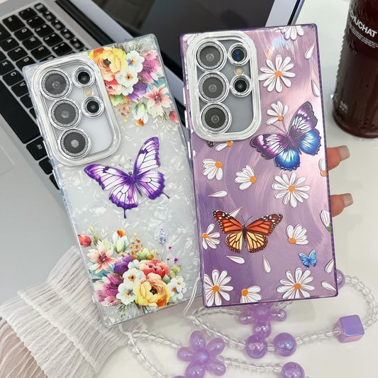 For Samsung Galaxy S25 5G Plating Texture Butterfly Wristband TPU Phone Case with Glitter Lens Film(Daisy Butterflies HU2) by buy2fix