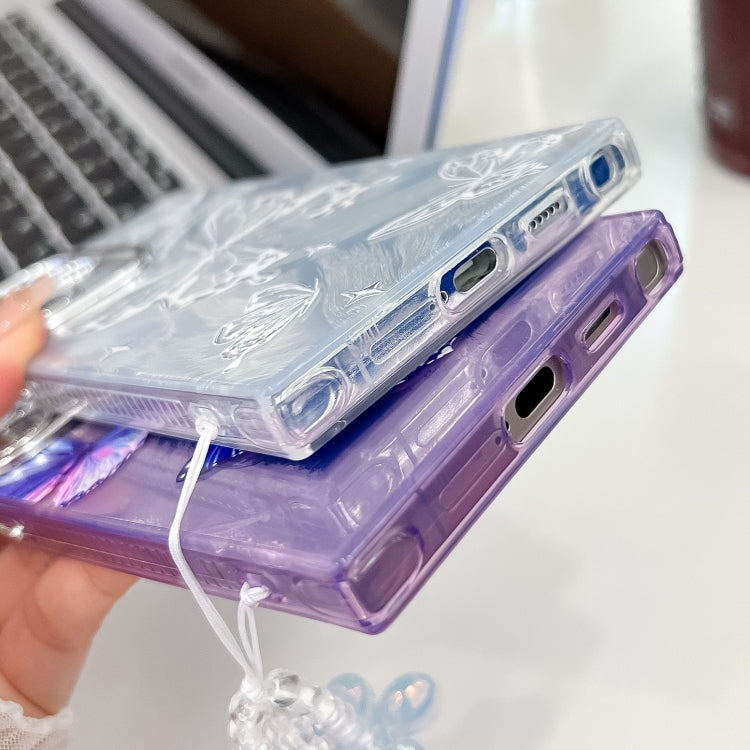 For Samsung Galaxy S25 Ultra 5G Plating Texture Butterfly Wristband TPU Phone Case with Glitter Lens Film(Blue Butterflies HU3) by buy2fix