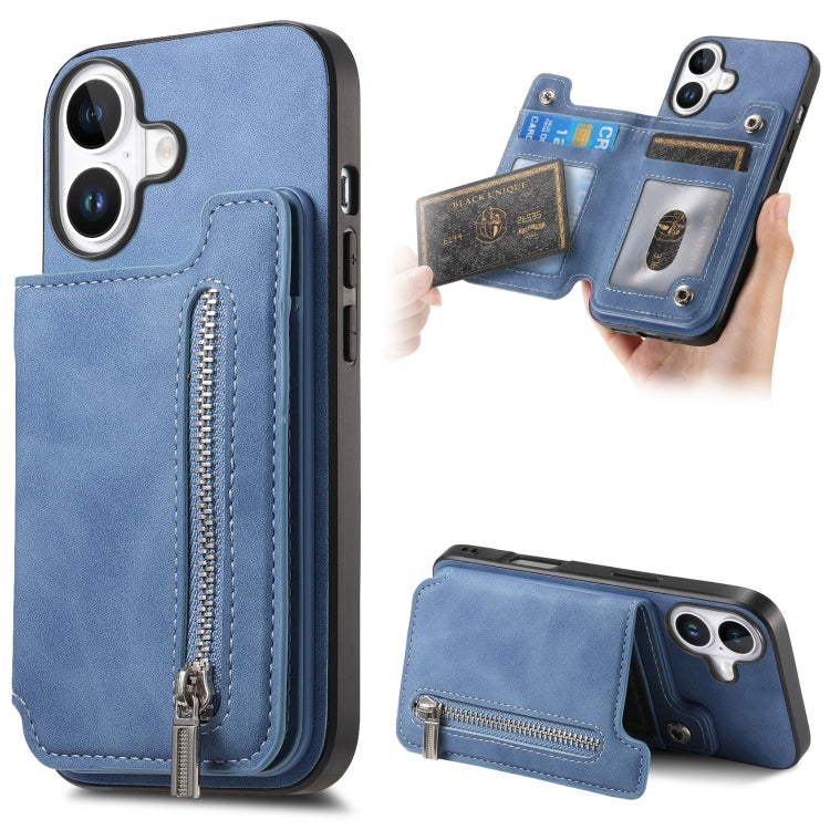 For iPhone 16 Retro MagSafe Zipper Wallet Card Bag Back Phone Case(Blue) - iPhone 16 Cases by buy2fix | Online Shopping UK | buy2fix