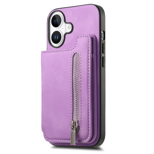 For iPhone 16 Retro MagSafe Zipper Wallet Card Bag Back Phone Case(Purple) - iPhone 16 Cases by buy2fix | Online Shopping UK | buy2fix
