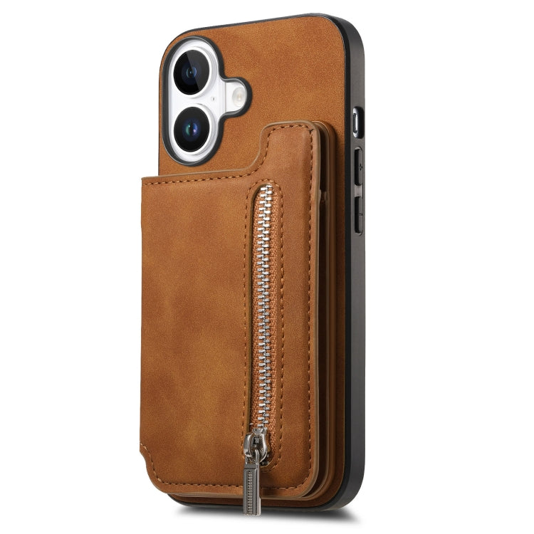 For iPhone 16 Retro MagSafe Zipper Wallet Card Bag Back Phone Case(Brown) - iPhone 16 Cases by buy2fix | Online Shopping UK | buy2fix