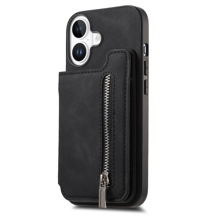 For iPhone 16 Retro MagSafe Zipper Wallet Card Bag Back Phone Case(Black) - iPhone 16 Cases by buy2fix | Online Shopping UK | buy2fix