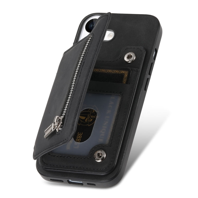 For iPhone 16 Retro MagSafe Zipper Wallet Card Bag Back Phone Case(Black) - iPhone 16 Cases by buy2fix | Online Shopping UK | buy2fix