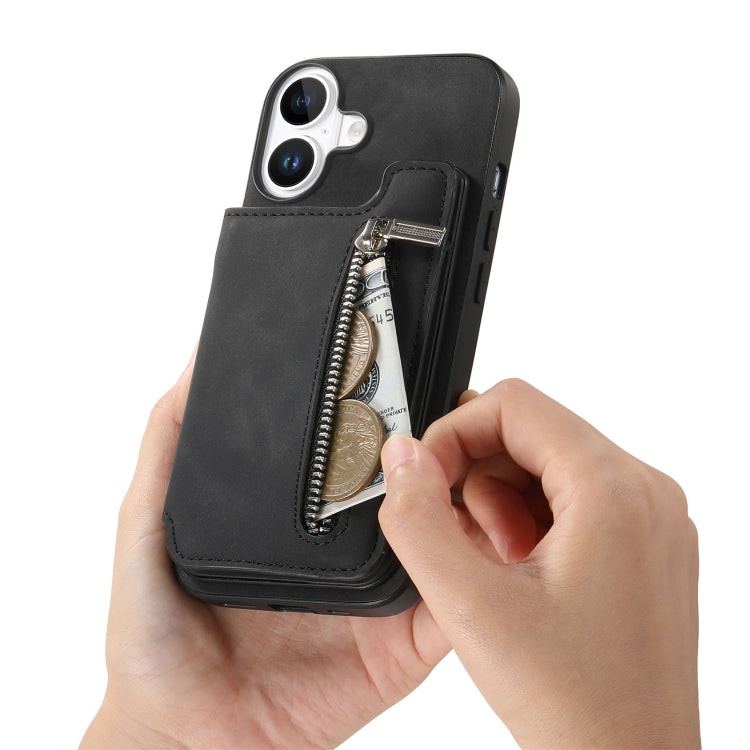 For iPhone 16 Retro MagSafe Zipper Wallet Card Bag Back Phone Case(Black) - iPhone 16 Cases by buy2fix | Online Shopping UK | buy2fix