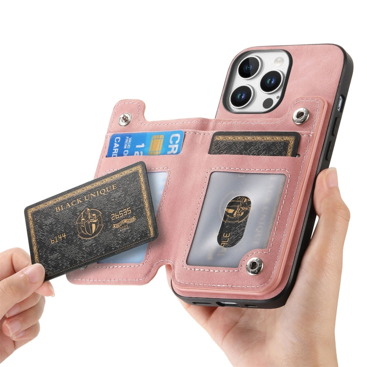For iPhone 15 Pro Retro MagSafe Zipper Wallet Card Bag Back Phone Case(Pink) - iPhone 15 Pro Cases by buy2fix | Online Shopping UK | buy2fix