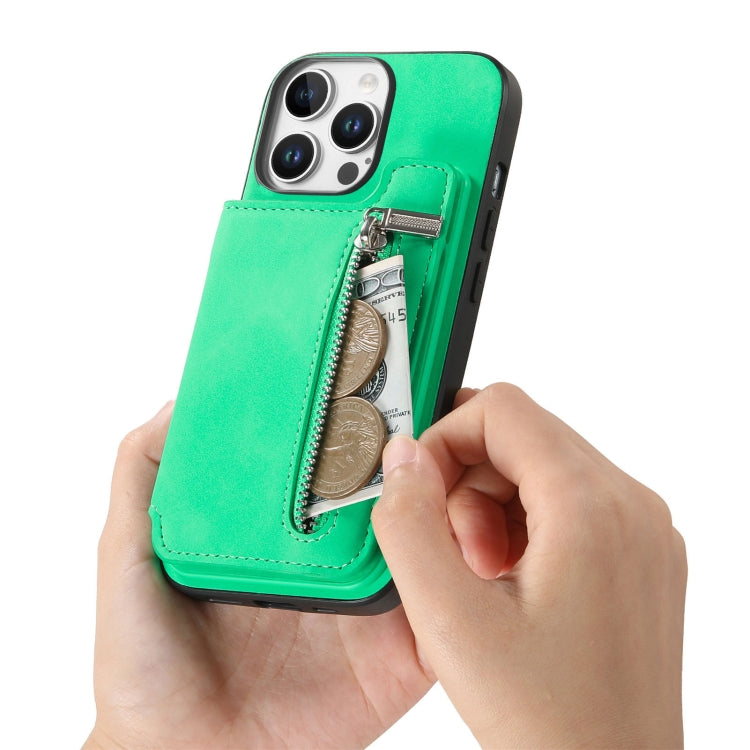 For iPhone 15 Pro Retro MagSafe Zipper Wallet Card Bag Back Phone Case(Green) - iPhone 15 Pro Cases by buy2fix | Online Shopping UK | buy2fix