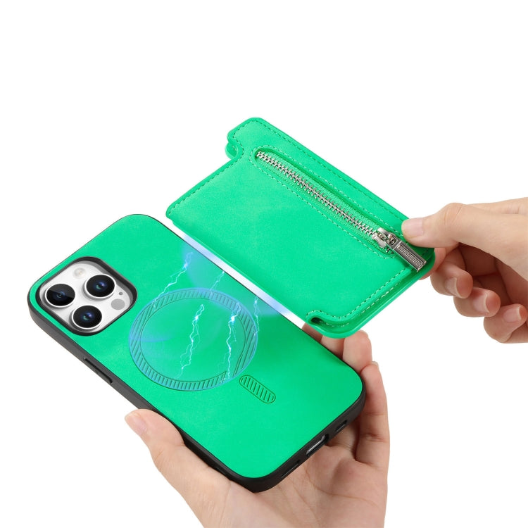 For iPhone 15 Pro Retro MagSafe Zipper Wallet Card Bag Back Phone Case(Green) - iPhone 15 Pro Cases by buy2fix | Online Shopping UK | buy2fix