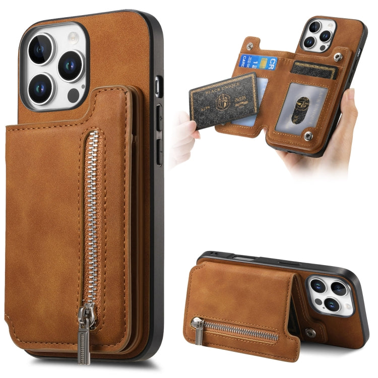 For iPhone 15 Pro Retro MagSafe Zipper Wallet Card Bag Back Phone Case(Brown) - iPhone 15 Pro Cases by buy2fix | Online Shopping UK | buy2fix