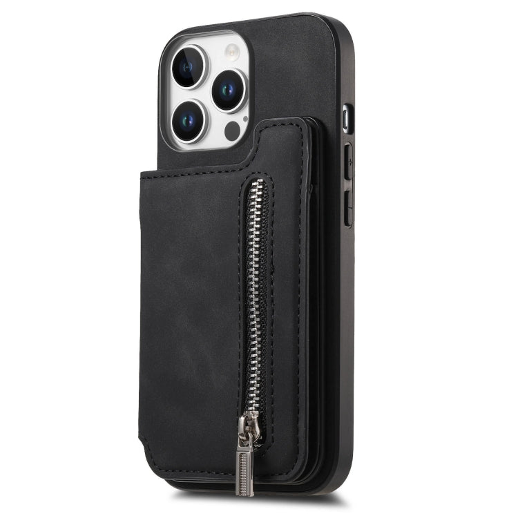 For iPhone 15 Pro Retro MagSafe Zipper Wallet Card Bag Back Phone Case(Black) - iPhone 15 Pro Cases by buy2fix | Online Shopping UK | buy2fix