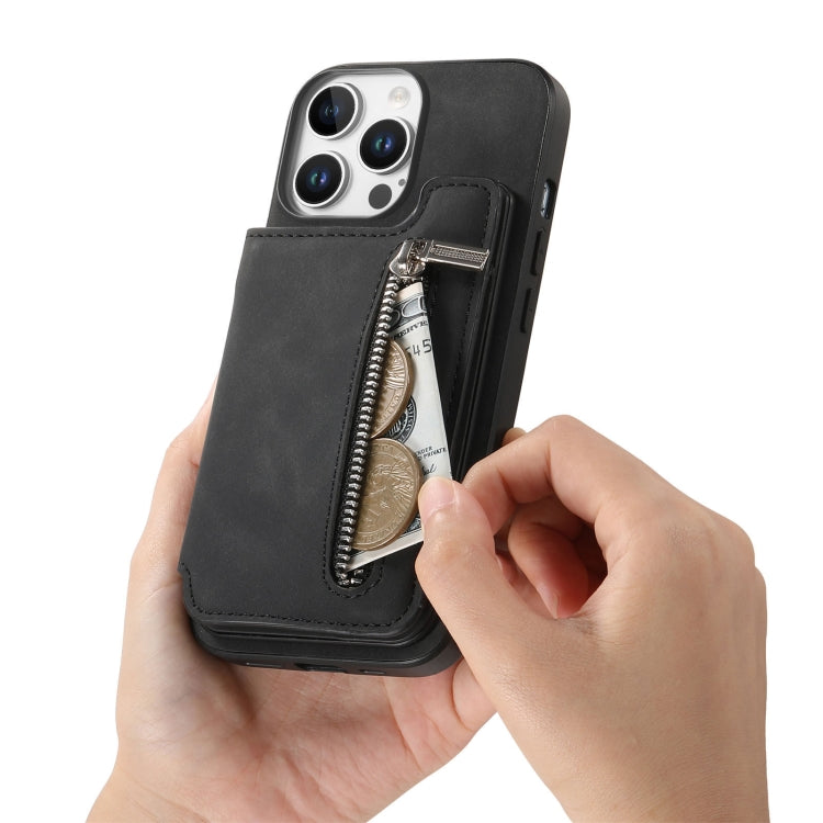 For iPhone 15 Pro Retro MagSafe Zipper Wallet Card Bag Back Phone Case(Black) - iPhone 15 Pro Cases by buy2fix | Online Shopping UK | buy2fix