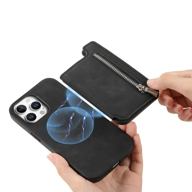 For iPhone 15 Pro Retro MagSafe Zipper Wallet Card Bag Back Phone Case(Black) - iPhone 15 Pro Cases by buy2fix | Online Shopping UK | buy2fix