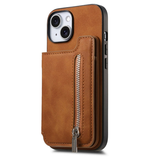 For iPhone 15 Retro MagSafe Zipper Wallet Card Bag Back Phone Case(Brown) - iPhone 15 Cases by buy2fix | Online Shopping UK | buy2fix