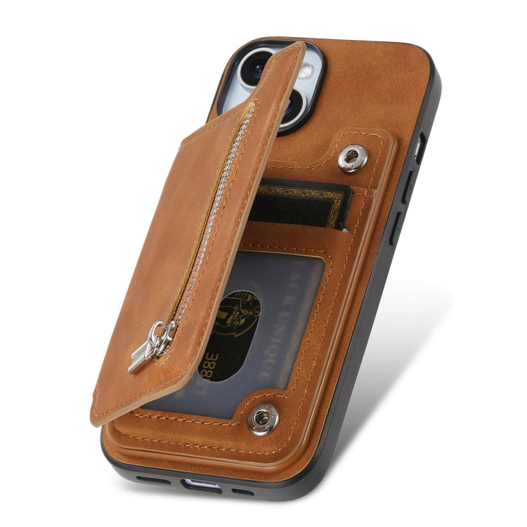 For iPhone 15 Retro MagSafe Zipper Wallet Card Bag Back Phone Case(Brown) - iPhone 15 Cases by buy2fix | Online Shopping UK | buy2fix