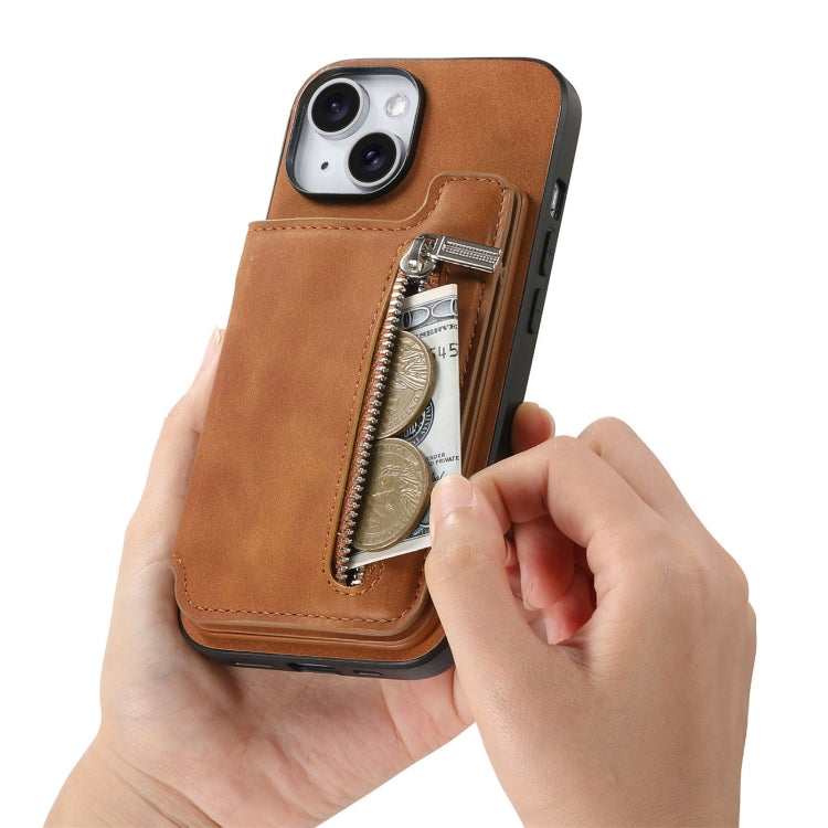 For iPhone 15 Retro MagSafe Zipper Wallet Card Bag Back Phone Case(Brown) - iPhone 15 Cases by buy2fix | Online Shopping UK | buy2fix