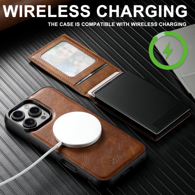 For iPhone 16e Suteni H19 Oil Wax 2-in-1 MagSafe Removable Card Box Back Phone Case(Brown) - iPhone 16e Cases by Suteni | Online Shopping UK | buy2fix